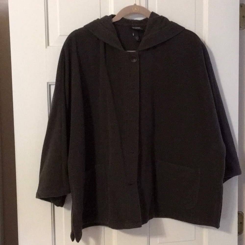 Eileen Fisher 14P chocolate brown swing jacket hooded ,button down. Cropped wool